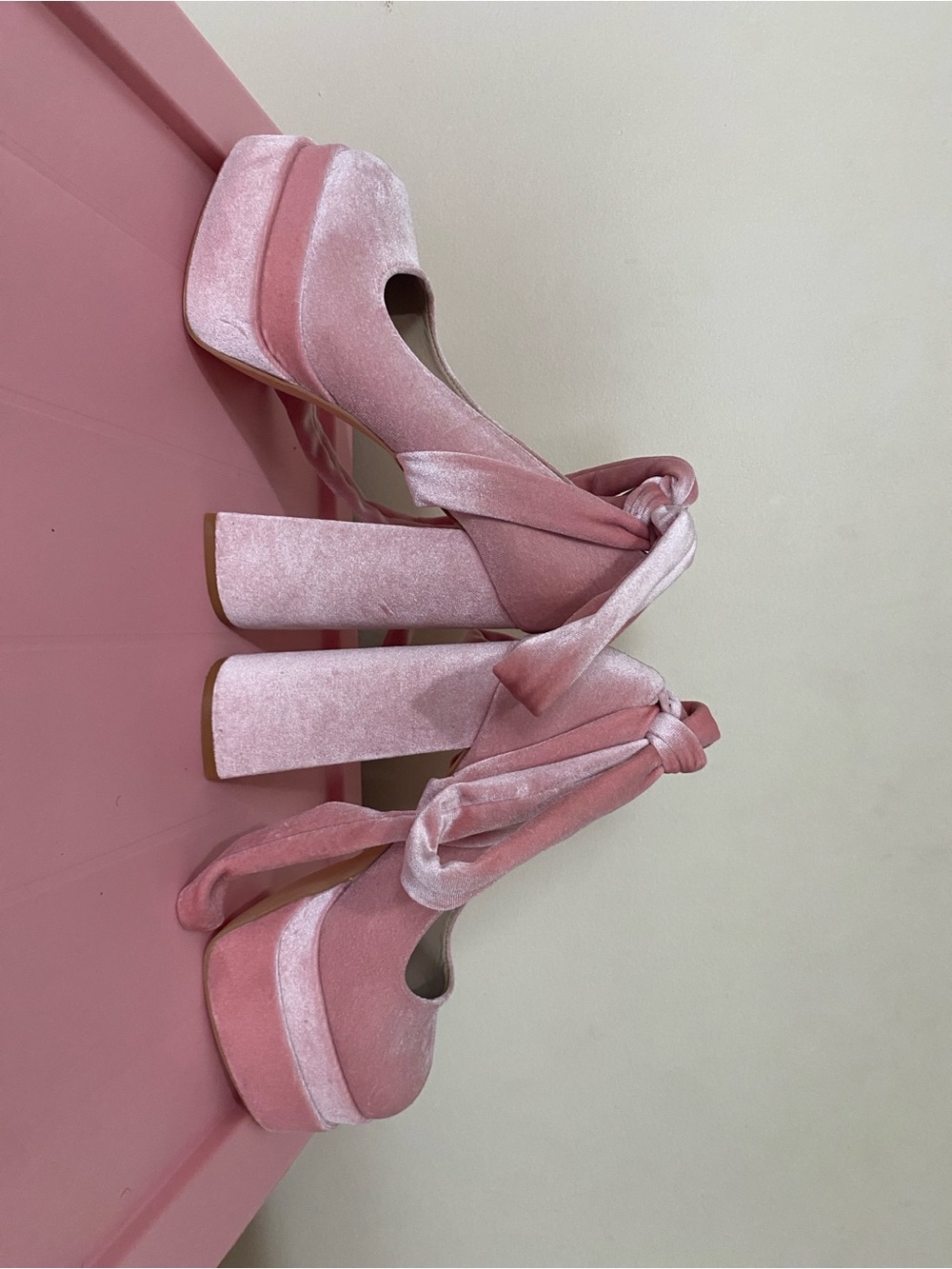Velvet Pink Platform Block Heel Pumps with Ankle Tie - Picture 2 of 11